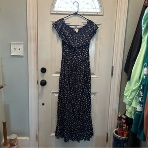 Style & Co Petite Small Maxi Dress Blue ditsy Floral off the shoulder